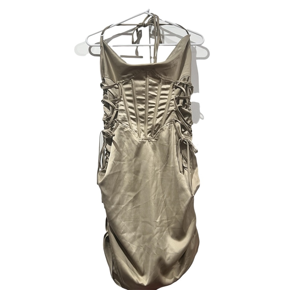 PrettyLittleThing Tan Satin Corset Bodycon Dress
